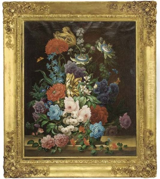 Summer Flowers In An Urn, With Butterflies Oil Painting by Samuel Astles