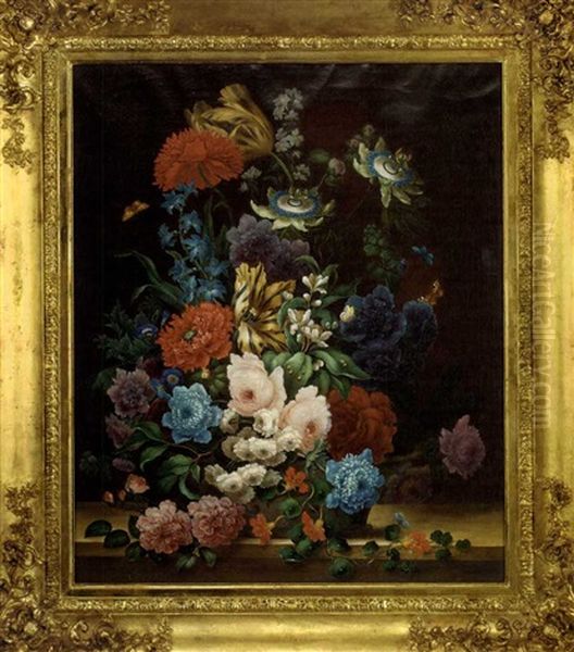 Summer Flowers In An Urn, With Butterflies Oil Painting by Samuel Astles