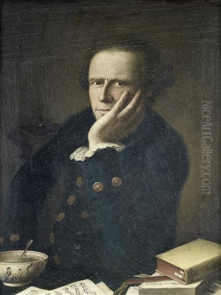 Portrait Of A Gentleman, Half-length, In A Green Velvet Coat, Seated At A Table With A Bowl Of Soup, A Music Score, A Pair Of Dividers And Books Oil Painting by John Astley