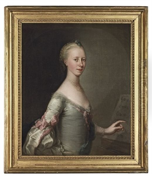 Portrait Of A Lady In A Pale Grey Dress With Pink Ribbons Oil Painting by John Astley