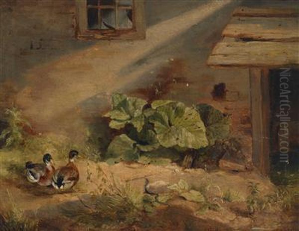 Ducks In The Courtyard Oil Painting by Benno Adam