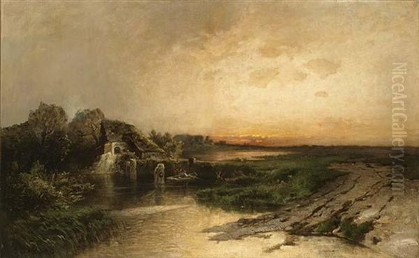 A Fisherman In A Boat In An Evening Landscape Oil Painting by Nicolai Von Astudin