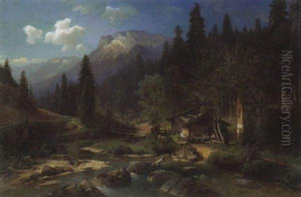 Romantische Abendlandschaft Mit Sennerhutte Am Bach Oil Painting by Nicolai Von Astudin