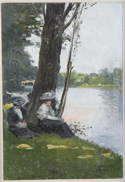 Enrfemmes Assises Au Bord De L'eau/le Quai Oil Painting by Enrique Atalaya