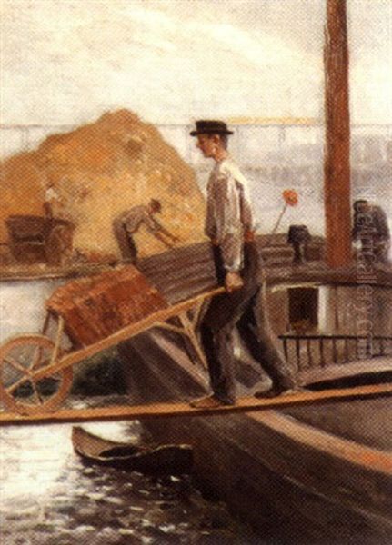 Le Dechargement De La Cargaison Sur La Seine A Paris Oil Painting by Enrique Atalaya