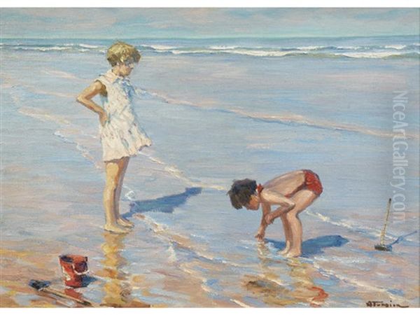 Children On The Beach Oil Painting by Charles Garabed Atamian