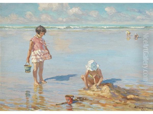 Building Sandcastles On The Beach Oil Painting by Charles Garabed Atamian