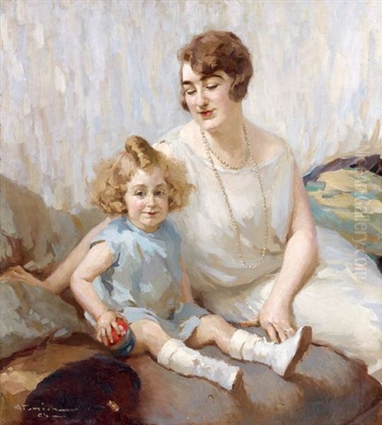 Jeune Enfant Dans Les Bras De Sa Mere Aimante Oil Painting by Charles Garabed Atamian