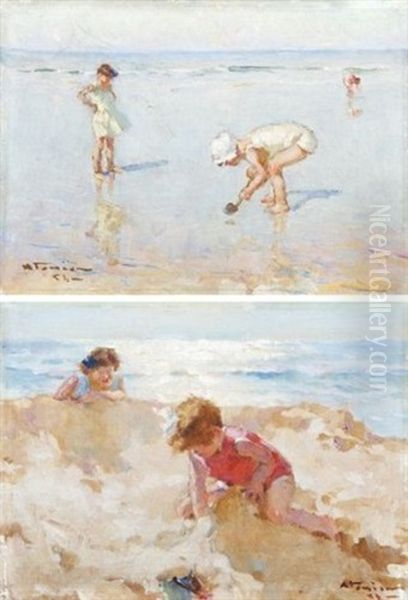 Enfants Sur La Plage (pair) Oil Painting by Charles Garabed Atamian