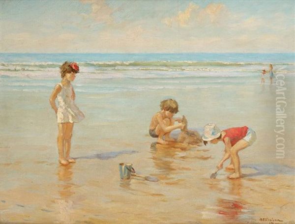 Les Enfants Et Le Chateau De Sable Oil Painting by Charles Garabed Atamian