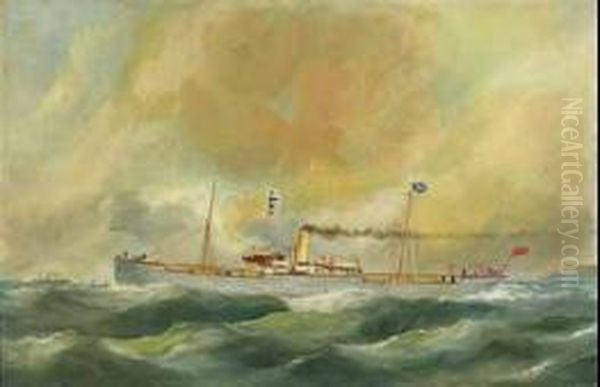 British Steamer Off Le Havre Oil Painting by Edmond Ou Edouard Adam