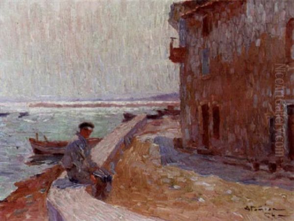 A Fisherman Seated On A Wall By The Sea Oil Painting by Charles Garabed Atamian