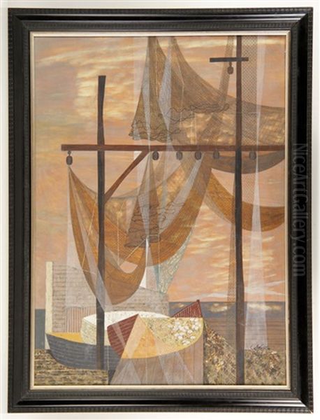 Nets, Boats And Sea Oil Painting by John Carlton Atherton