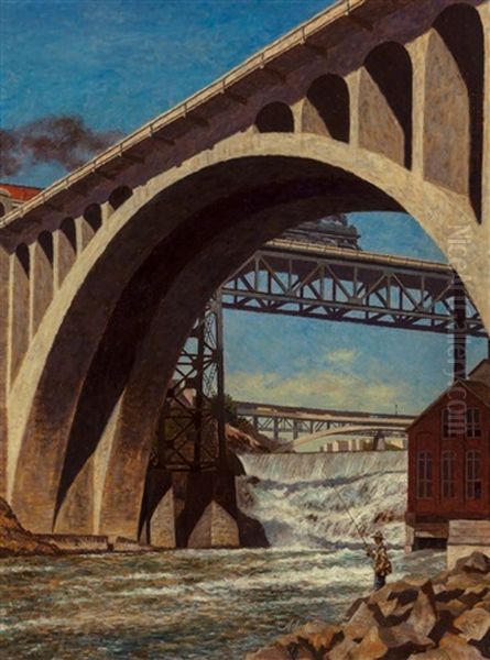 Monroe Street Bridge, Saturday Evening Post Cover Oil Painting by John Carlton Atherton