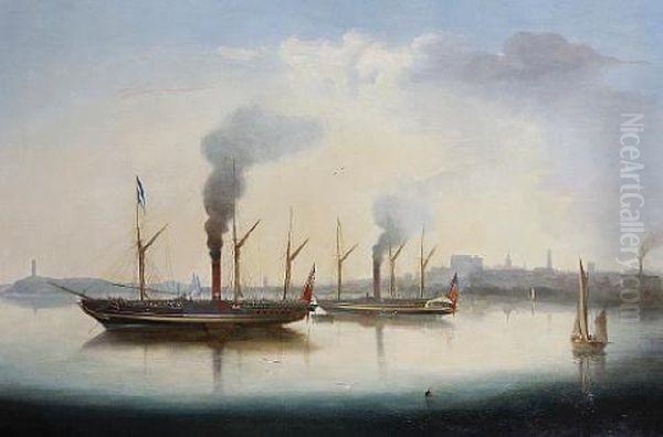 Crowded Paddlesteamers Lying At Anchor In A Harbor Oil Painting by George Atkinson