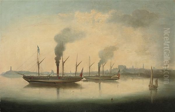 Crowded Paddlesteamers Lying At Anchor In A Harbour Oil Painting by George Atkinson