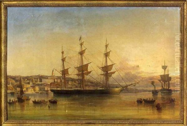 Three-masted Ship In A Harbor Oil Painting by George Atkinson