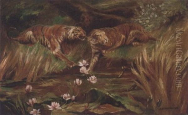 Tigers By A Lily Pond Oil Painting by John Atkinson