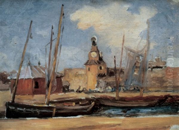 Boats Beneath A Clock Tower Oil Painting by William Edwin Atkinson