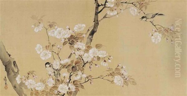 Birds Amonst Cherry Blossom Branches Oil Painting by Gyokushi Atomi