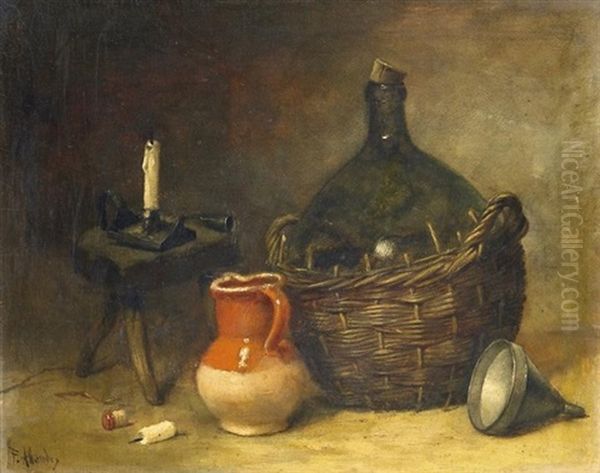 Kuchenstilleben Mit Weinballon Und Tonkrug Sowie Einem Schemel Und Kerzenstander. Attendu Oil Painting by Antoine-Ferdinand Attendu