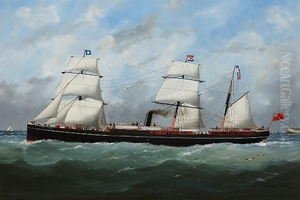 The Auxiliary Steamer 
County Of Sutherland 
 At Sea Under Steam And Sail Oil Painting by Marie-Edouard Adam Of Le Havre