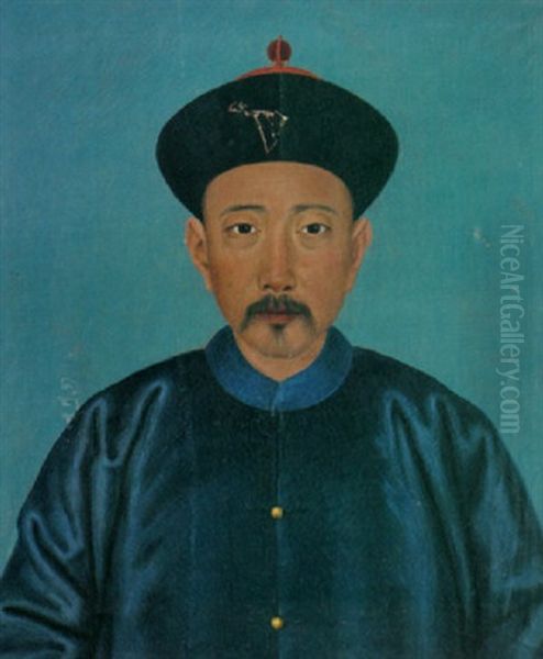 A Portrait Of A Chinese Man Wearing A Royal Blue Silk Coat With Gold Buttons And A Black Cap With Red Ornamentation Oil Painting by Jean-Denis Attiret