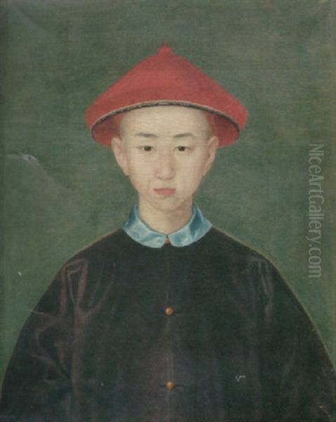 A Portrait Of A Young Boy Wearing A Red Hat With Black Silk Trim And A Purple Coat With A Blue Collar Oil Painting by Jean-Denis Attiret