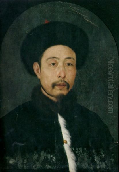 A Portrait Of A Chinese Man Wearing A Black Fur Cap And A Black Coat With A White Fur Trim And A Fur Collar Oil Painting by Jean-Denis Attiret