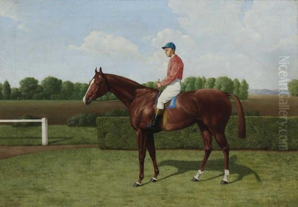 Das Rennpferd Gondolat Mit Jockey. Oil Painting by Emil Adam