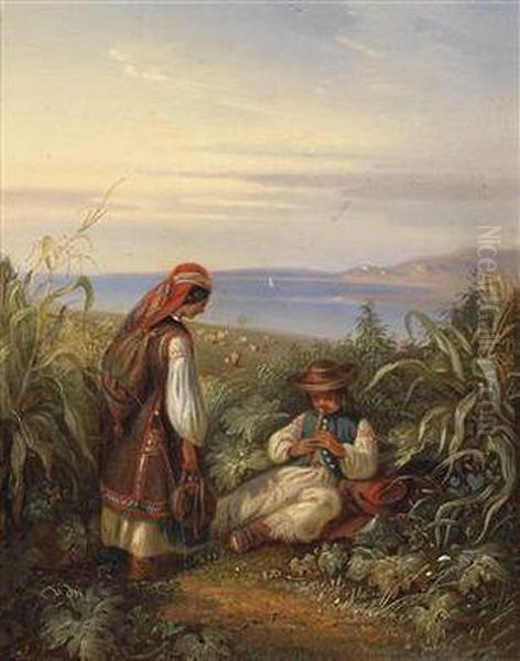 Shepherd Couplein In A Dalmatian Landscape Oil Painting by Eugen Adam