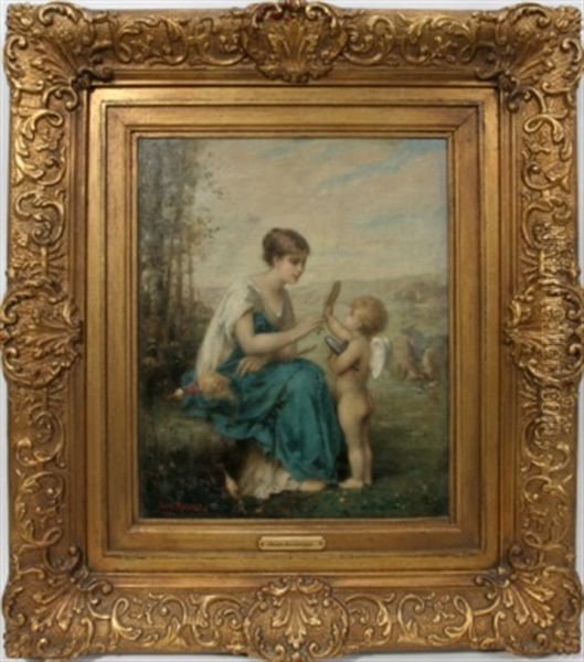 Woman Seated With Cupid Holding Mirror Oil Painting by Jean Aubert