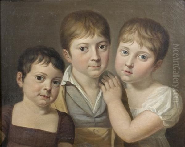 Portrait De Trois Enfants En Buste Oil Painting by Jean Jacques Augustin Raymond Aubert