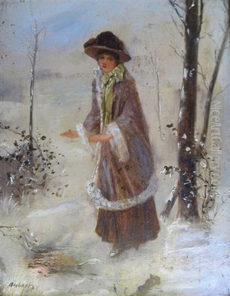 Untitled (lady By Campfire, Winter, Frozen Lake, Ice Skates) Oil Painting by Jean-Ernest Aubert