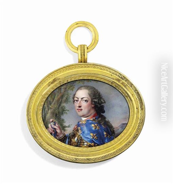 Louis Xv (1710-1774), King Of France, In Gilt-bordered Armour, Wearing A Blue Cloak Decorated With Gold Fleur-de-lys, A Field Marshal's Baton In His Right Hand; Landscape Background Oil Painting by Louis-Francois Aubert