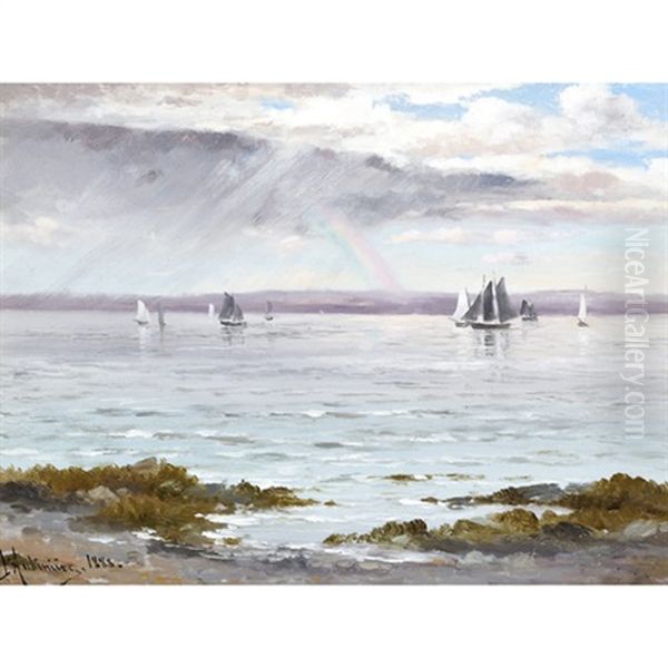 Ships Below A Rainbow Oil Painting by Constant Auguste de L' Aubiniere