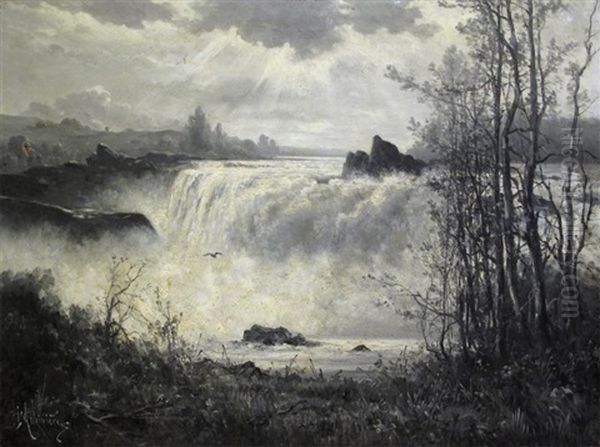 Rushing Waterfall Oil Painting by Constant Auguste de L' Aubiniere