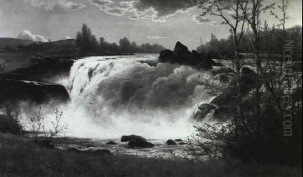 Waterfall Oil Painting by Constant Auguste de L' Aubiniere