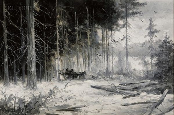 Winter Landscape With Plowhorse And Cart Oil Painting by Georgina M. de l' Aubiniere