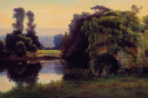 Willow Tree By The Lake Oil Painting by Georgina M. de l' Aubiniere