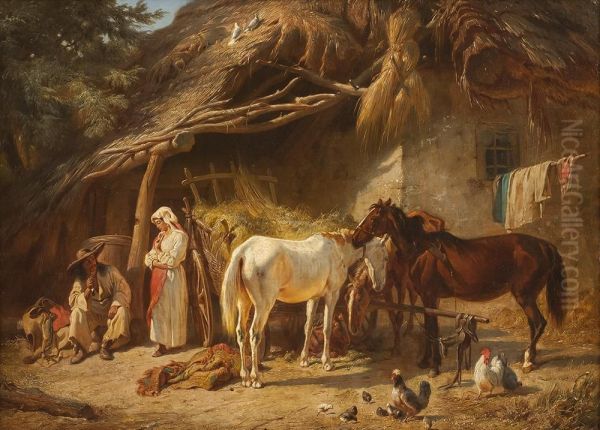 Zigeuner Bei Der Rast Mit Pferden Vor Bauernhaus Oil Painting by Franz Adam