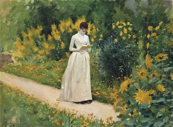 Reading On The Garden Path Oil Painting by Albert Aublet