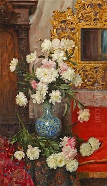 A Still Life Of Peonies In A Vase Oil Painting by Albert Aublet