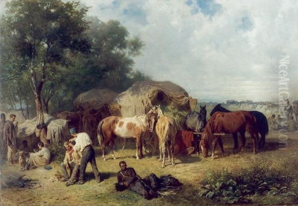 Rast Eines Provianttransportes Des Ostereichischen Heeres Im Krieg 1859 Oil Painting by Franz Adam