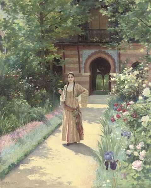 Girl In A Turkish Garden Oil Painting by Albert Aublet