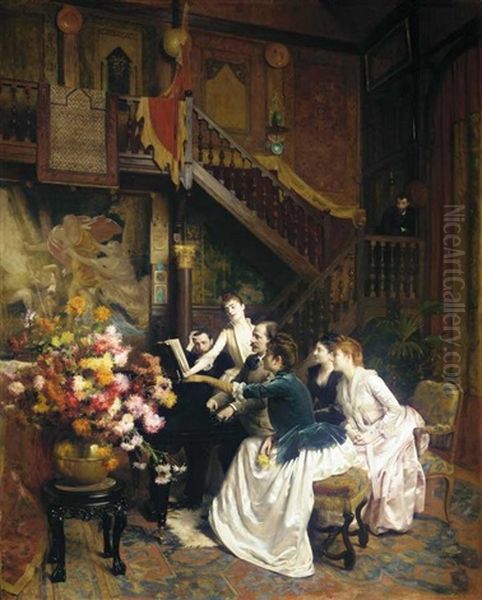 Massenet Rehearsing Manon With Sybil Sanderson In Pierre Loti's Salon Oil Painting by Albert Aublet