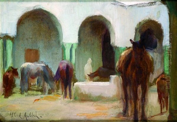 Chevaux Dans Une Cour Oil Painting by Albert Aublet