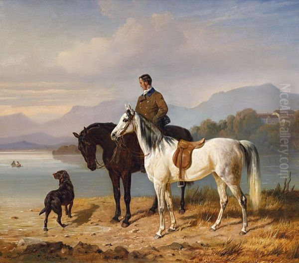 Chiemseelandschaft Mit Reiter Und Gesatteltem Schimmel Oil Painting by Franz Adam