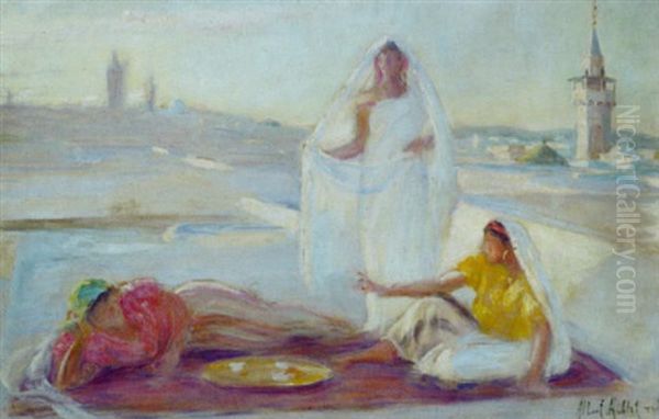 Jeunes Femmes Sur Une Terrasse A Tunis Oil Painting by Albert Aublet