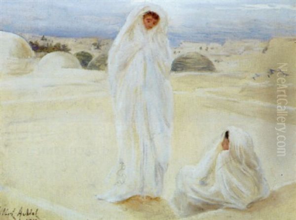 Femmes En Blanc Sur Une Terrasse De Tunis Oil Painting by Albert Aublet